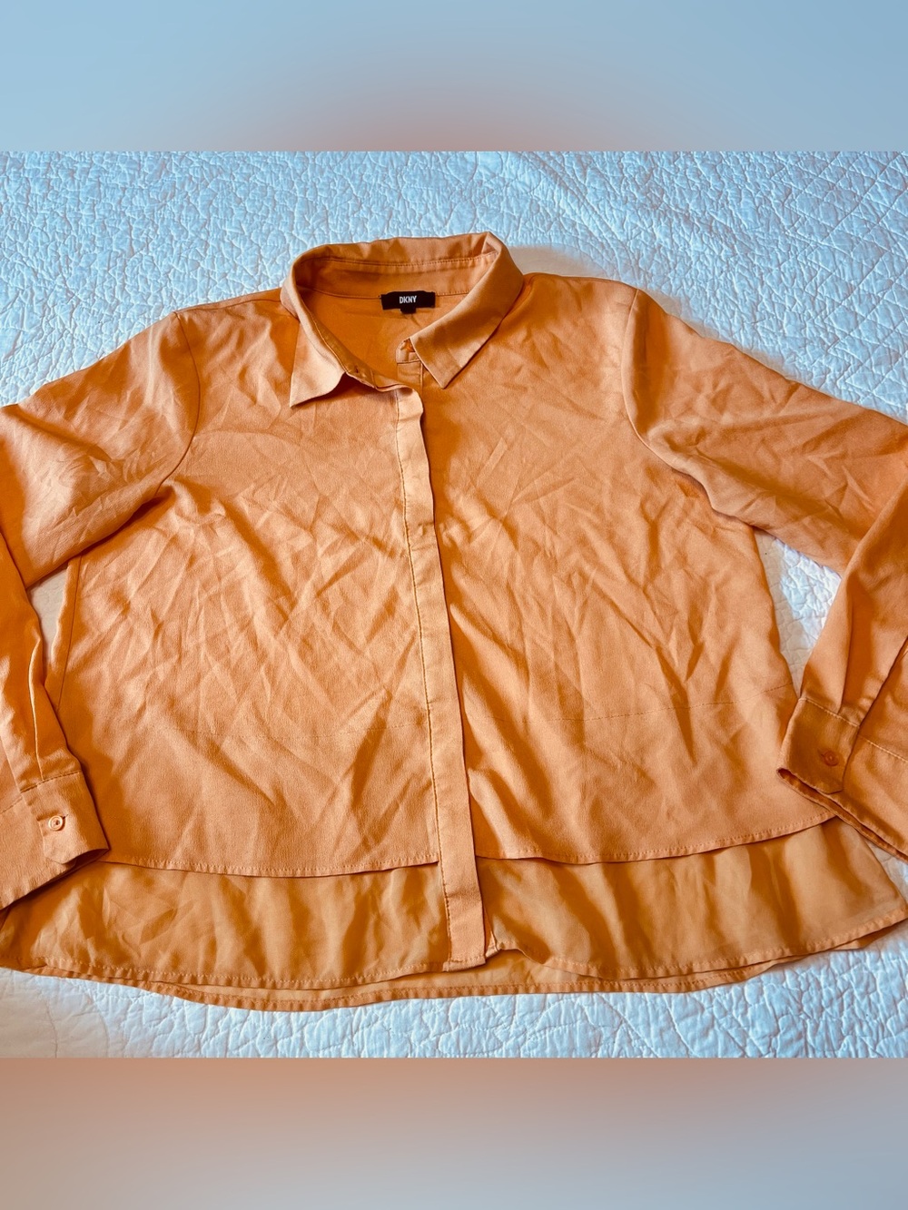 DKNY women button down orange shirt long sleeve collared sheer fabric accent L